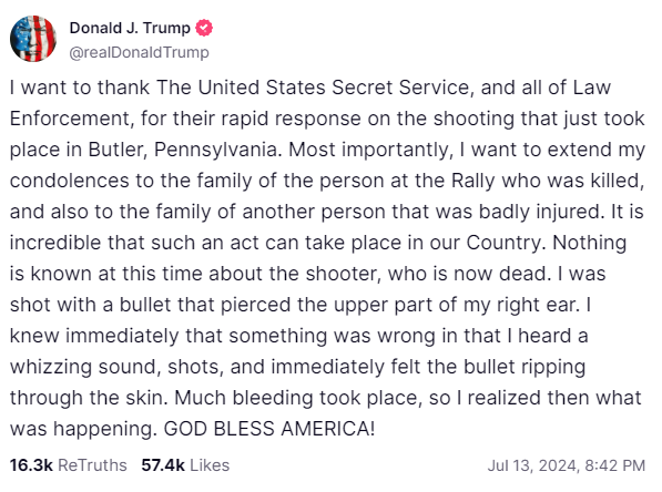 Trump says in a post on Truth Social that he "was shot with a bullet that pierced the upper part of my right ear." #Breaking