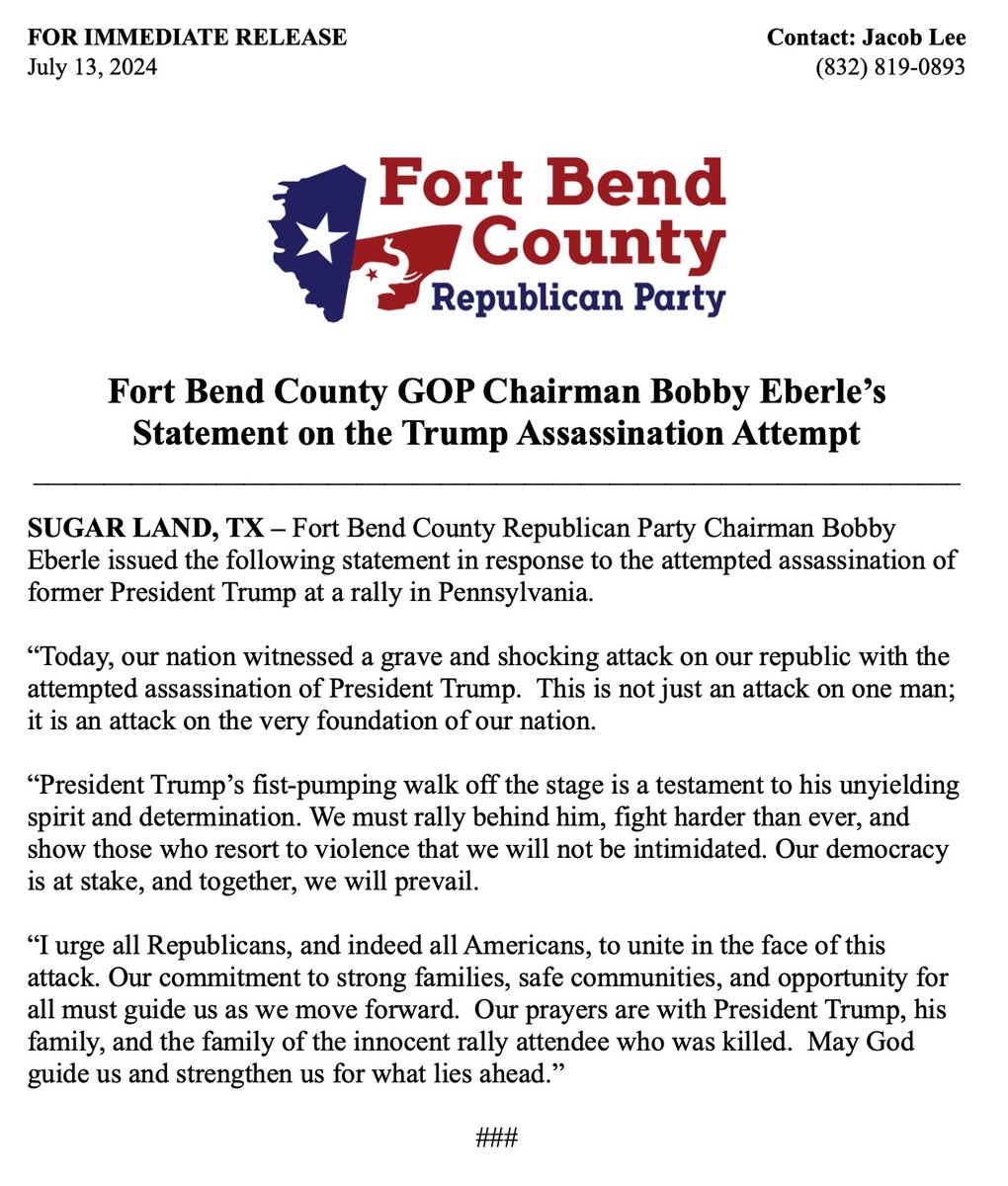 fbcgop's tweet photo. Fort Bend County GOP Chairman Bobby Eberle’s Statement on the Trump Assassination Attempt. #Trump #MyPresident https://t.co/SBMUtZEUpC