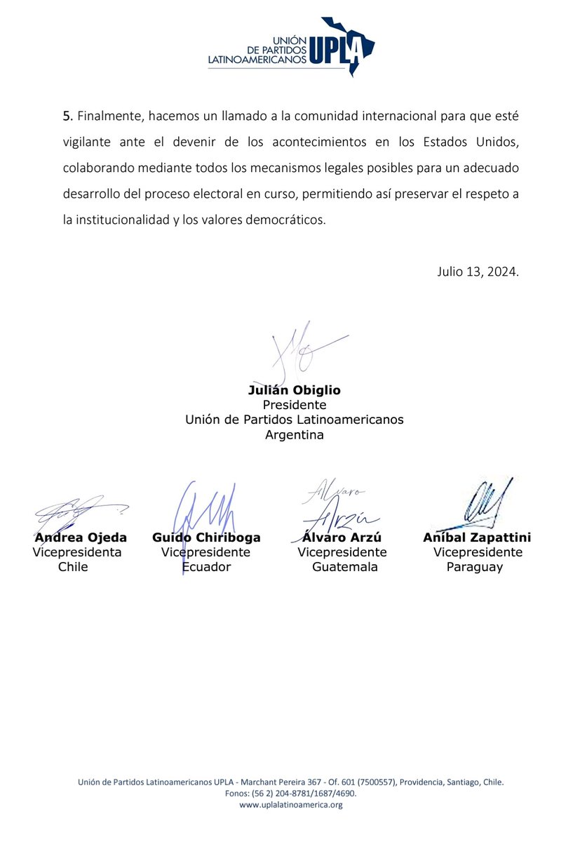 DECLARACIÓN DEL DIRECTORIO DE LA UNIÓN DE PARTIDOS LATINOAMERICANOS (UPLA) FRENTE AL ATENTADO CONTRA EL PRESIDENTE TRUMP.
🇪🇸 👇🏼