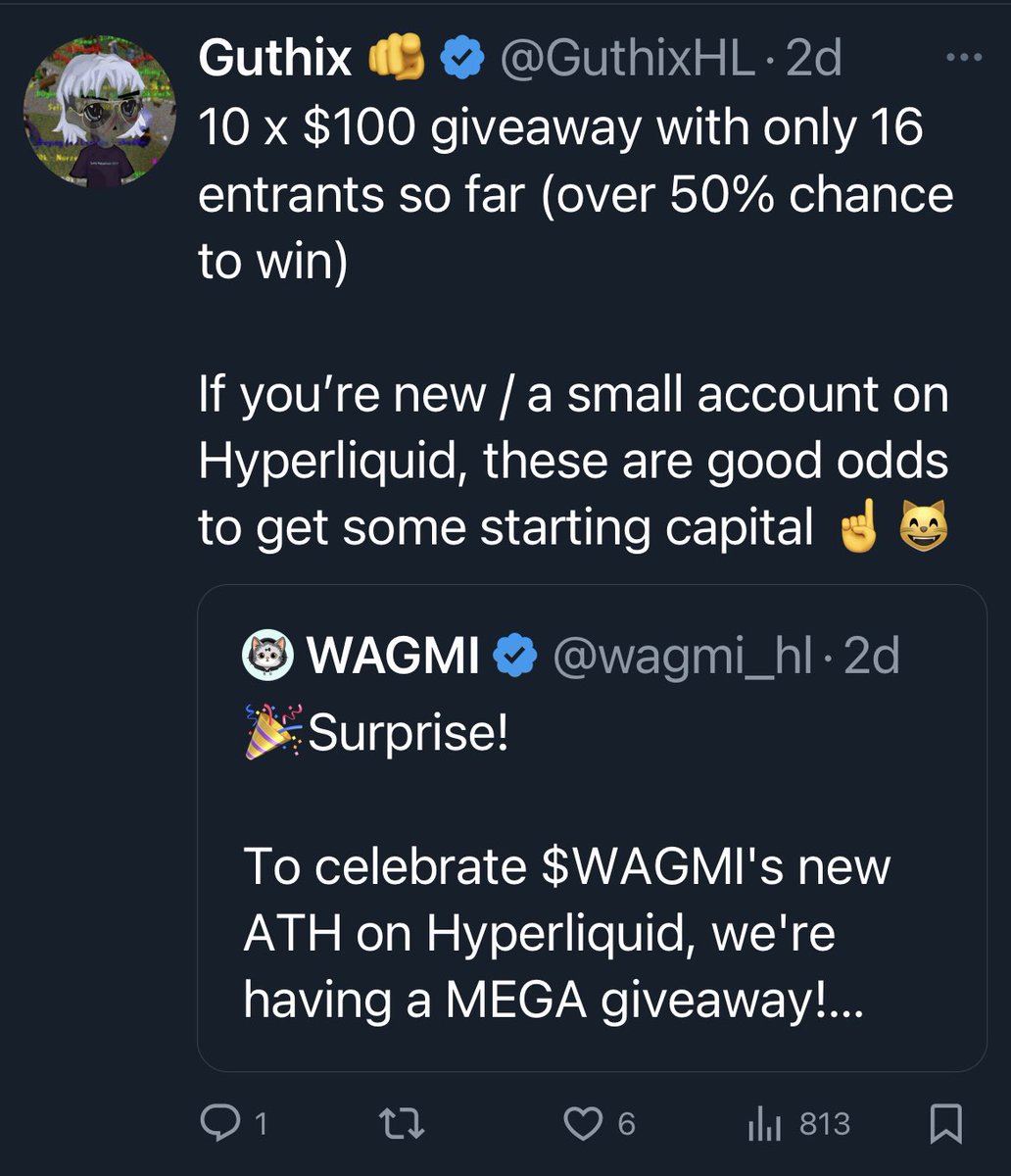 GuthixHL's tweet photo. LMAOOO RIGGED ASF 😹😹

I won the giveaway i told u guys to enter. Giving it back now:

Giving away $100 worth of @wagmi_hl 

To enter:
Like + RT
Comment Hyperliquid is the future of finance

Drawing winner in 24h https://t.co/LhllL5xYpP