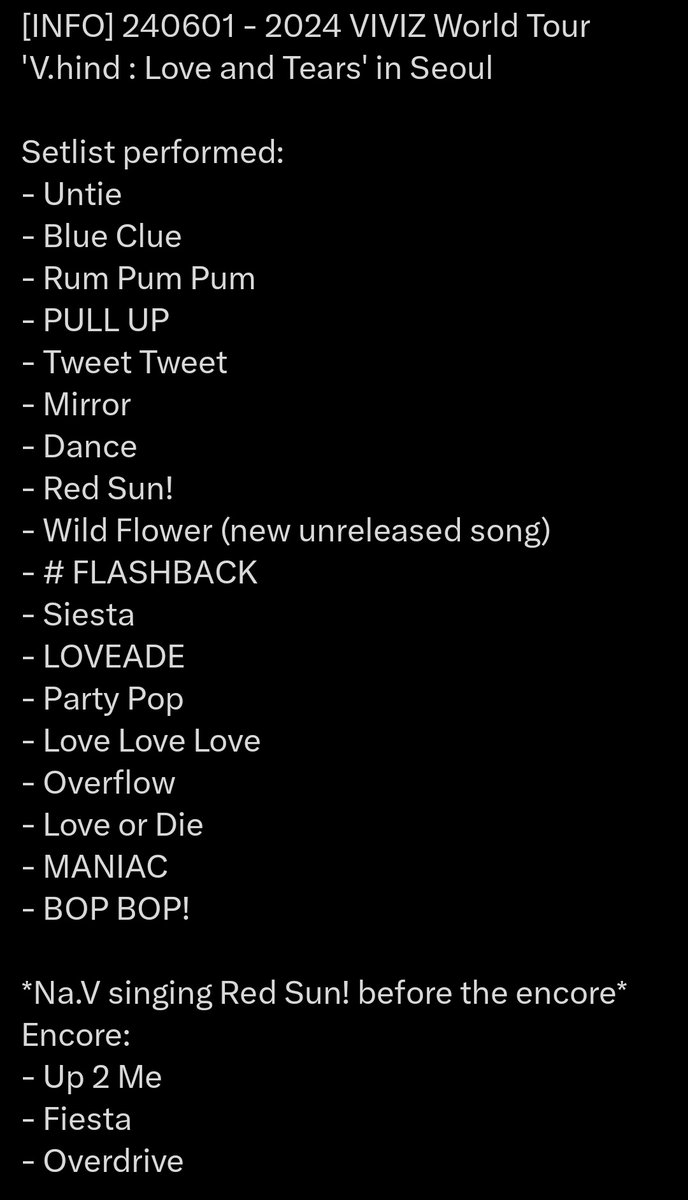 eunharideul's tweet photo. oh wow so they take out 8 songs from the original #Vhind_LoveandTears setlist for the us tour 

rum pum pum 
tweet tweet 
mirror 
dance
siesta
loveade
party pop
up 2 me 

i guess they did it due the packed schedule, stay healthy viviz♡ https://t.co/M3ggNl7MZU