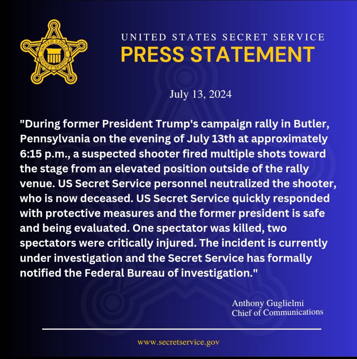 DCoronell's tweet photo. Informe del Servicio Secreto 

"Durante el mitin de campaña del expresidente Trump en Butler, Pensilvania, en la noche del 13 de julio aproximadamente

6:15 p.m., un presunto tirador disparó varios disparos hacia el escenario desde una posición elevada fuera del lugar del rally. El personal del Servicio Secreto de EE. UU. neutralizó al tirador, que ahora ha fallecido. El Servicio Secreto de EE. UU. respondió rápidamente con medidas de protección y el expresidente está seguro y está siendo evaluado. Un espectador murió y dos espectadores resultaron gravemente heridos. El incidente está actualmente bajo investigación y el Servicio Secreto ha notificado formalmente la investigación de la Oficina Federal".