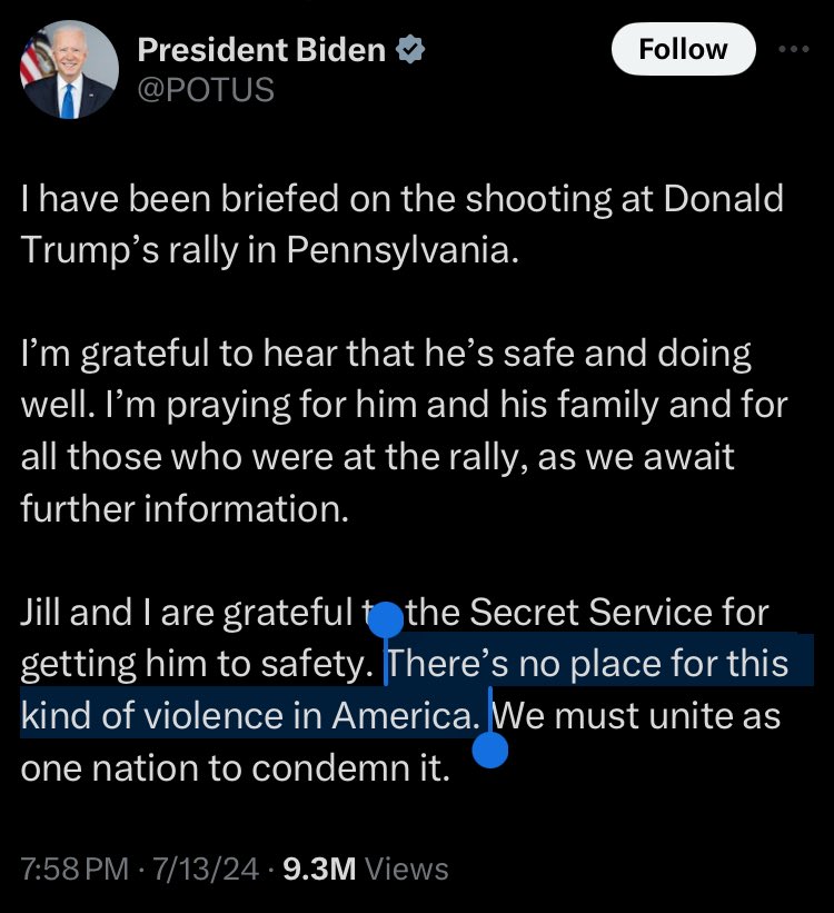 EliMeye's tweet photo. Biden on Trump’s bleeding ear: “There’s no place for this kind of violence in America.”

Biden on Palestinians: Send Israel more 500-pound bombs to genocide them. https://t.co/eIMMoGz4Kw
