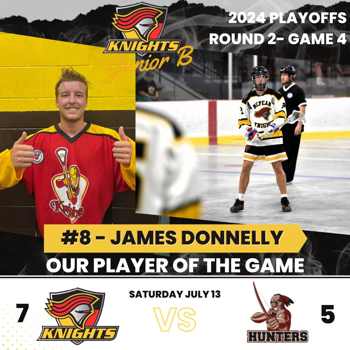 Have a day Jim! Our Game 4 comeback was brought to you in large part by Jimmy Donnelly! He had 5 goals including 4 in the third to get us over the top. Stay hot 8!! ⚔️⚔️

Game 5 tomorrow night, 7pm @ Howie D 🏰 Let’s pack the barn!!