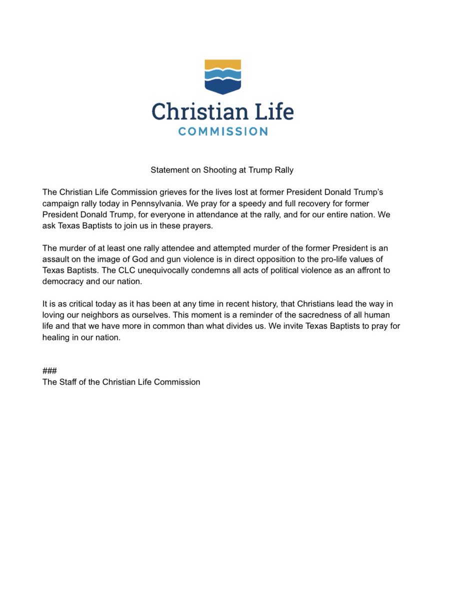 In response to this evening’s tragic shooting at a campaign rally for former President Donald Trump.