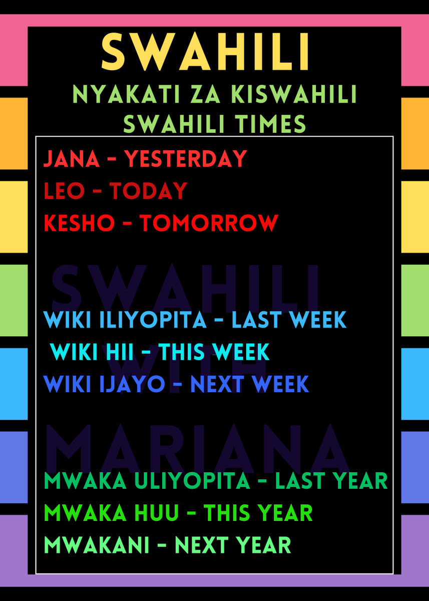 SwahiliMariana's tweet photo. Expand your vocabulary
Nyakati - Times
H/W Nitasafiri Zambia wiki ijayo
.
.
.
#swahililessons #swahiliteacher #swahilistudents #swahiliwithmariana https://t.co/FY6xpePqvL