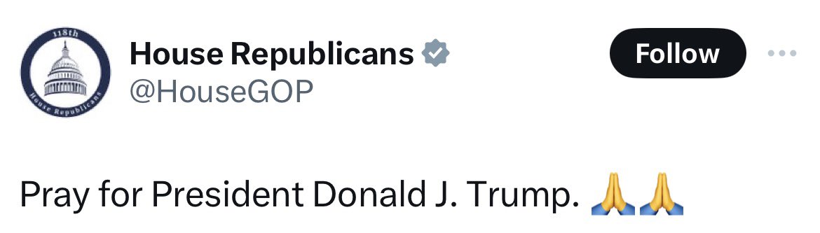 Dear Republican voters, 

An actual person (who was probably a Republican) died in the mass shooting, Trump was cut by a piece of glass… and THIS is what House Republicans tweet. They do not care about you.