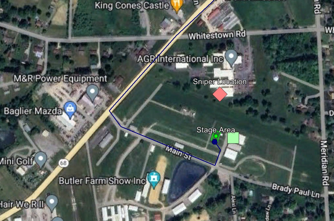 bamaham93's tweet photo. My best attempt at capturing the information freely available in photography and videos, and locating the shooting at the Trump rally at Butler, PA today. The first is the general area showing the evac route the motorcade seems to have taken. The other two are the event venue. https://t.co/OBs1jtSFlz