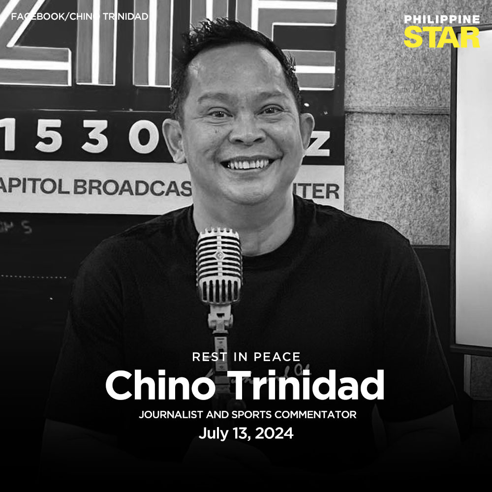 PhilippineStar's tweet photo. REST IN PEACE, SIR CHINO 🕊

Veteran journalist and sports commentator Chino Trinidad passed away on July 13, 2024, his family and friends announced on Sunday. He was 56. https://t.co/d5rXkkkK1R