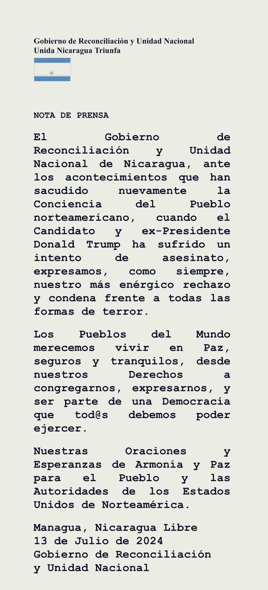 CDNN23Nicaragua's tweet photo. #Nicaragua | El Gobierno de Reconciliación y Unidad Nacional #GRUN emite comunicado en referencia al atentado contra el ex presidente Donald Trump, perpetrado este sábado 13 de julio 2024 en #Pennsylvania, EEUU 🇺🇸
#AquíEstamos #ReporteNi #Reporto
#SeguimosInformando
#RegistrandoLaHistoria