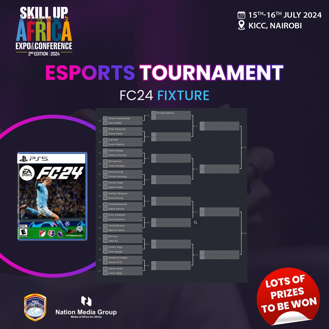 MountKenyaUni's tweet photo. The Fixtures are out for the #SkillUpAfrica Esports Tournament!
NBA 2K 24 - https://t.co/0oWx0dJWQJ

EAFC24 Fixture 1 - https://t.co/HqjVvsIG8R
AEFC24 Fixture 2 - https://t.co/lUyDYN3pcS

See you Tomorrow (Monday 15th July) at KICC 
Kick Off 9AM
@NationFmKE @RadaYetuKe @NationAfrica
