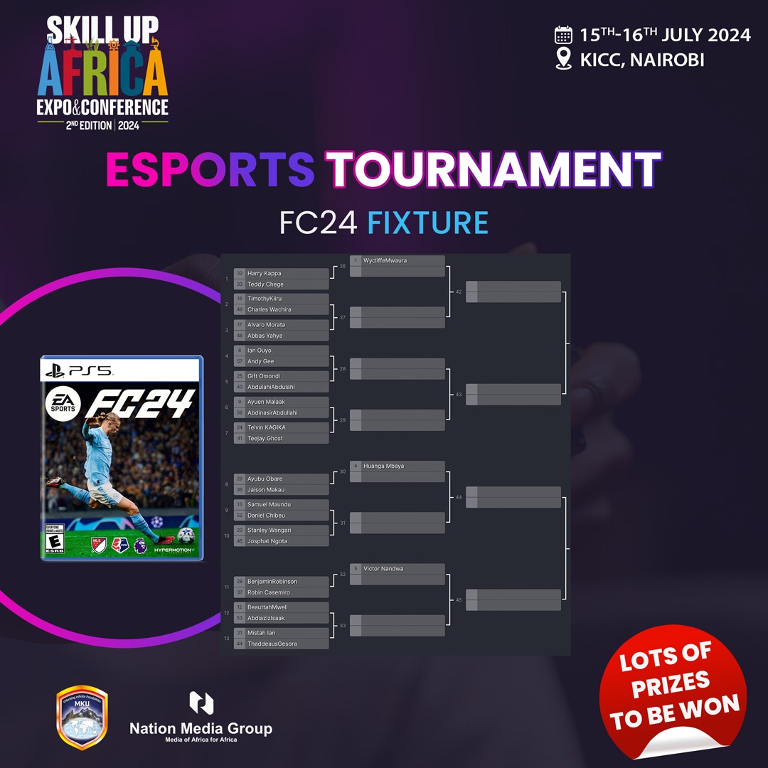 MountKenyaUni's tweet photo. The Fixtures are out for the #SkillUpAfrica Esports Tournament!
NBA 2K 24 - https://t.co/0oWx0dJWQJ

EAFC24 Fixture 1 - https://t.co/HqjVvsIG8R
AEFC24 Fixture 2 - https://t.co/lUyDYN3pcS

See you Tomorrow (Monday 15th July) at KICC 
Kick Off 9AM
@NationFmKE @RadaYetuKe @NationAfrica
