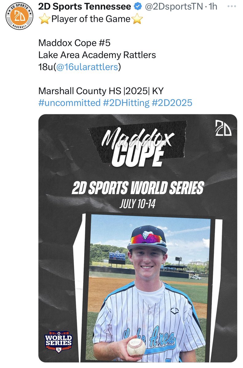copemaddox05's tweet photo. My stats for the weekend tournament in Nashville Tn.   .571 avg / 2 runs / 3 rbis / 1 walk. Had 1 homerun, 2 doubles, and 1 single. @16uLARattlers @MarshalsBsbl @2DsportsTN https://t.co/JtZGbTskBi