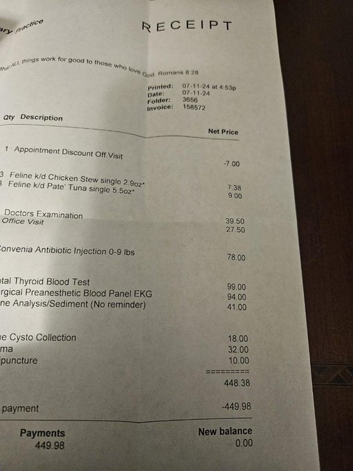 Not sure how much her next vet bill will be but this was the initial bill for this week. If anyone would