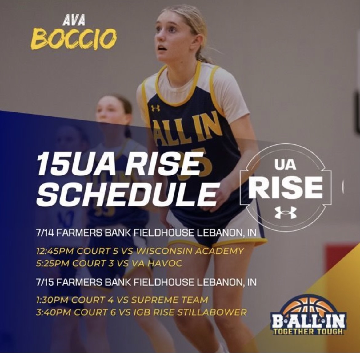 AvaBoccio35's tweet photo. Our team had a great couple days at  the Select Super Showcase. Excited to get back at in Indy tomorrow at UA Rise Session II.  Check out our schedule below. @UANextGHoops @RiseCircuit 
@ALLNHOOPS @SelectEventsBB @CoachFrese https://t.co/tjXK3g1eOD