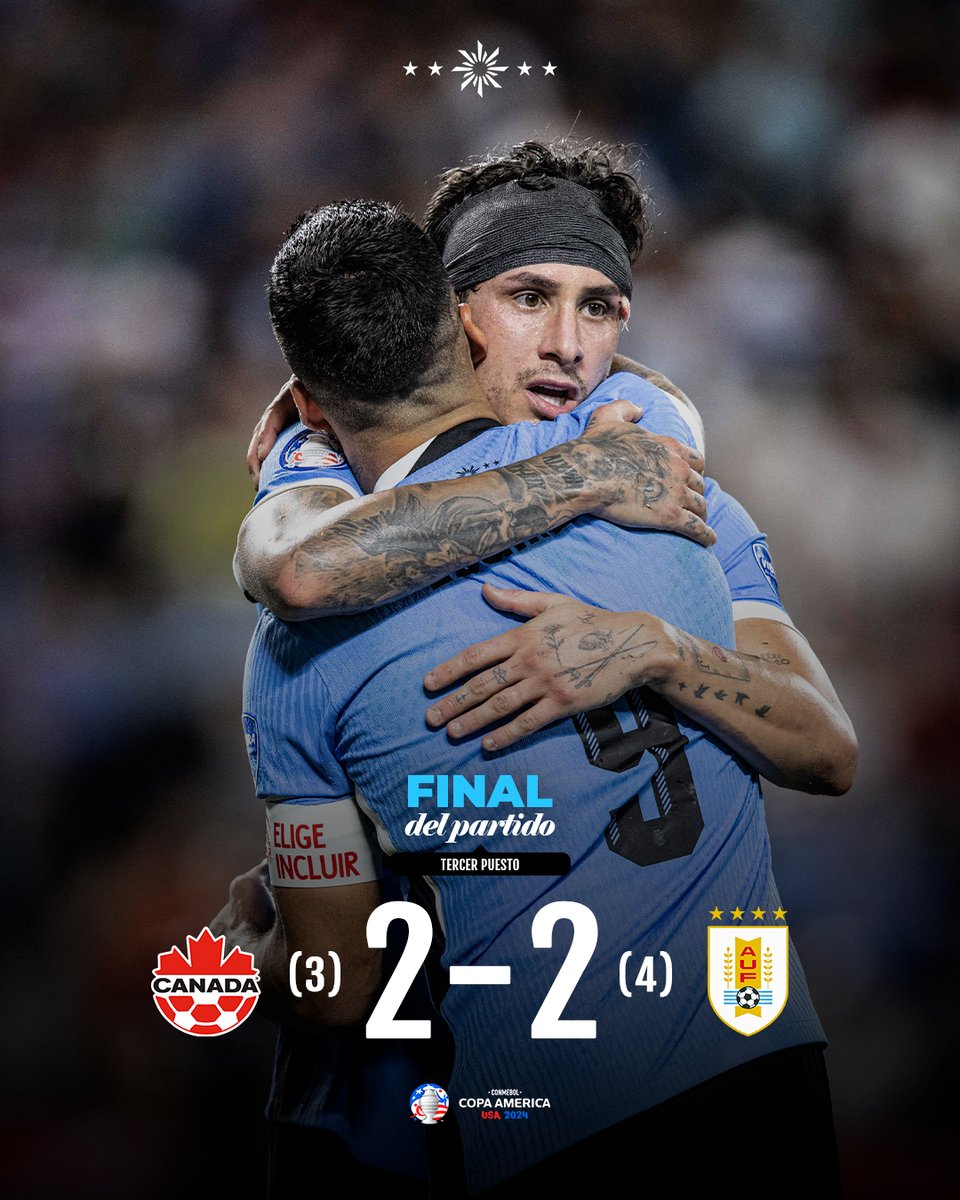 Uruguay's tweet photo. 🇺🇾 ¡𝙂𝘼𝙉𝙊́ 𝙐𝙍𝙐𝙂𝙐𝘼𝙔!

@Uruguay (4) 2-2 (3) @CANMNT_Official

⚽ Rodrigo Bentancur y Luis Suárez

📌 @CopaAmerica

📺 https://t.co/qVMBrYJR1J

#ElEquipoQueNosUne https://t.co/SMHQ053DAl