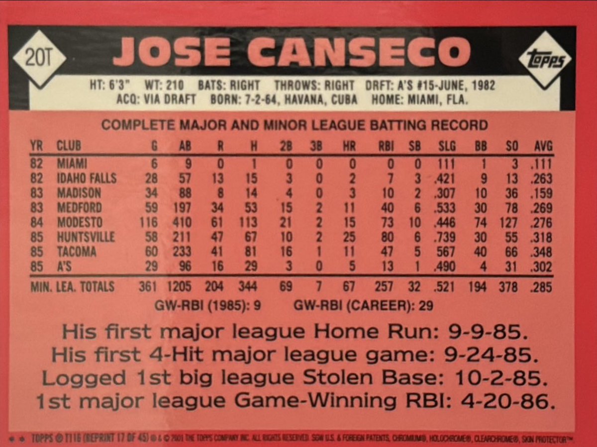 CansecoCards's tweet photo. This is such an accurate reprint that it even shows the original card number from the 1986 set, even though that isn’t its card number in the 2001 set. In tiny print at the bottom it says it’s #T116 and 17 of 45 reprints. So this card kinda has three numbers. 2/2 https://t.co/bLHybjjUd7