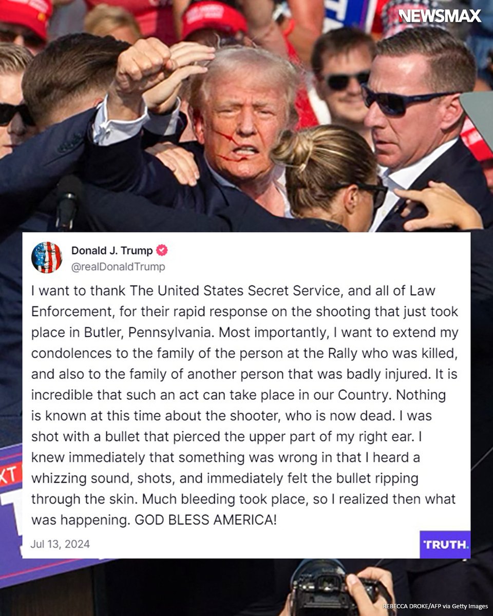 NEWSMAX's tweet photo. Trump Latest: In a statement on Truth Social, former President Donald Trump confirmed that he was shot on stage during his rally Saturday night in Butler, Pennsylvania.  MORE: https://t.co/AIb67y8vlb https://t.co/zO3c4933vU