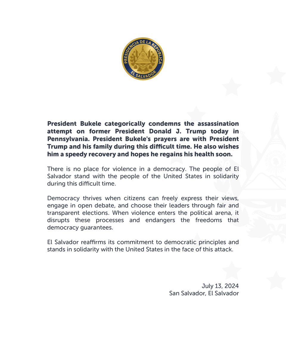 Casa Presidencial 🇸🇻 (@presidenciasv) on Twitter photo President <a href="/nayibbukele/">Nayib Bukele</a> categorically condemns the assassination attempt on former President <a href="/realDonaldTrump/">Donald J. Trump</a> today in Pennsylvania. President Bukele's prayers are with President Trump and his family during this difficult time. He also wishes him a speedy recovery and hopes he President <a href="/nayibbukele/">Nayib Bukele</a> categorically condemns the assassination attempt on former President <a href="/realDonaldTrump/">Donald J. Trump</a> today in Pennsylvania. President Bukele's prayers are with President Trump and his family during this difficult time. He also wishes him a speedy recovery and hopes he