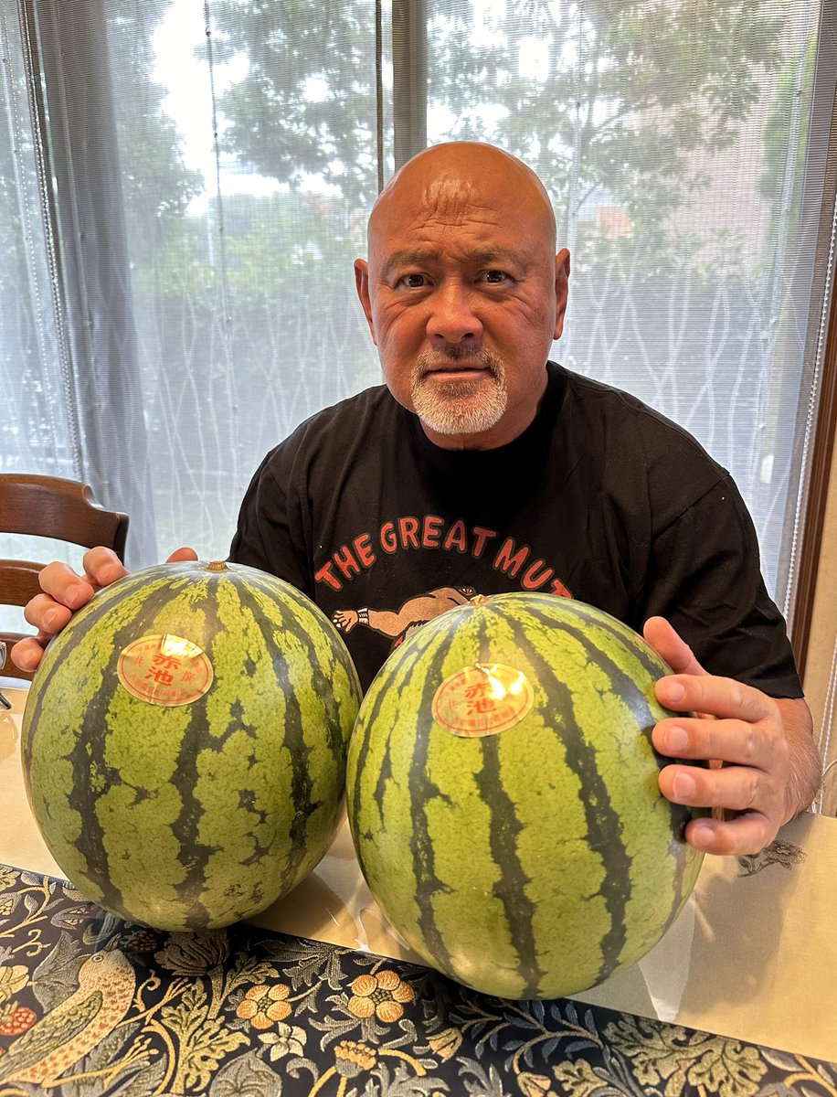 muto_keiji's tweet photo. 神奈月から美味そうなスイカ🍉が2コ送られて来た！！
そっくりなスイカ達は俺達みたいだ😆 https://t.co/OdFph5AEFf