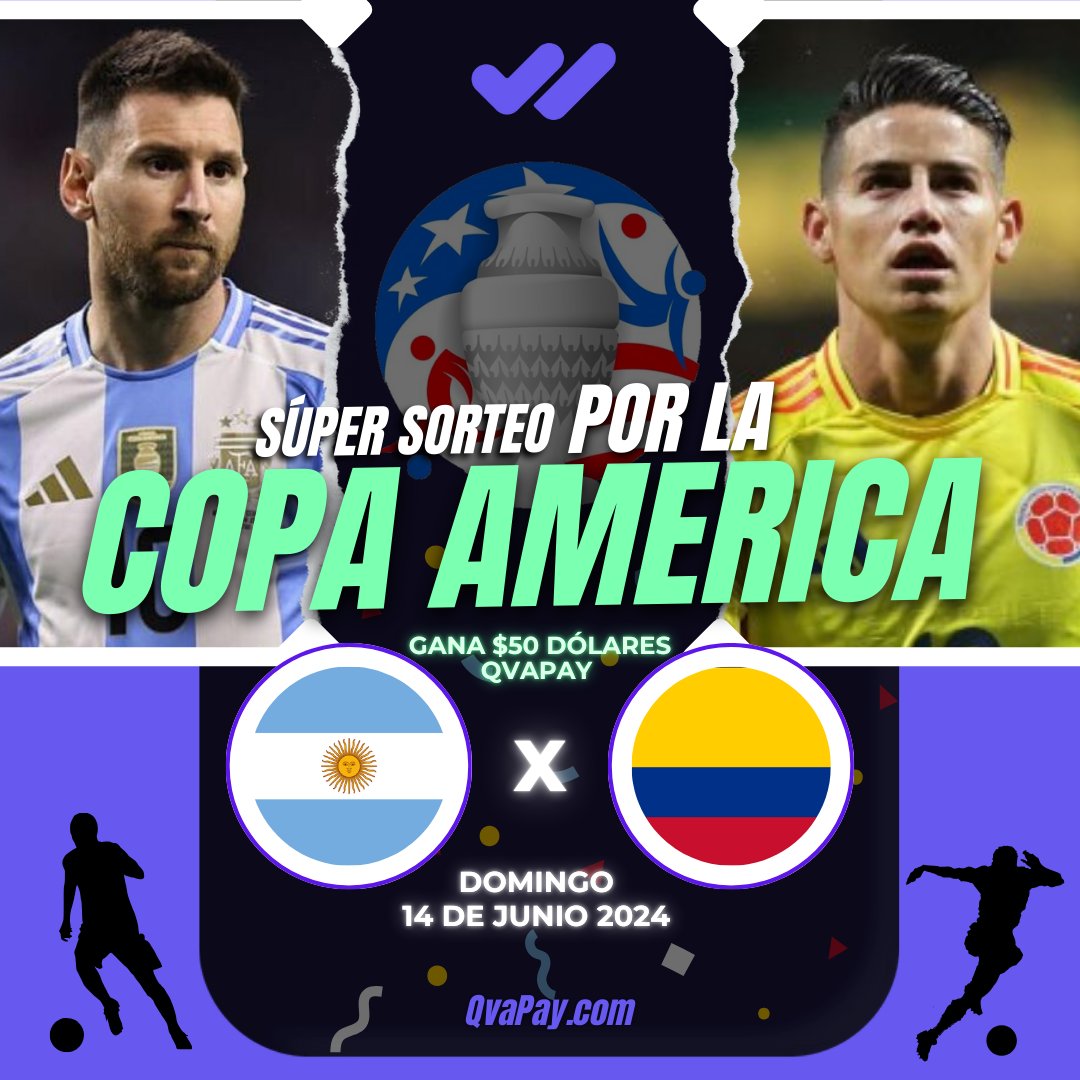 JUEGA A LA QUINIELA DE LA COPA AMÉRICA 2024. 😉
Responde a este post pronosticando los resultados de la final Argentina Vs Colombia de este domingo 14 de Julio a las 8 p.m hora de Cuba y gana $50 dólares Qvapay. 💜

Para ganar debes responder: 
1. Equipo ganador 
2. Marcador 
3.