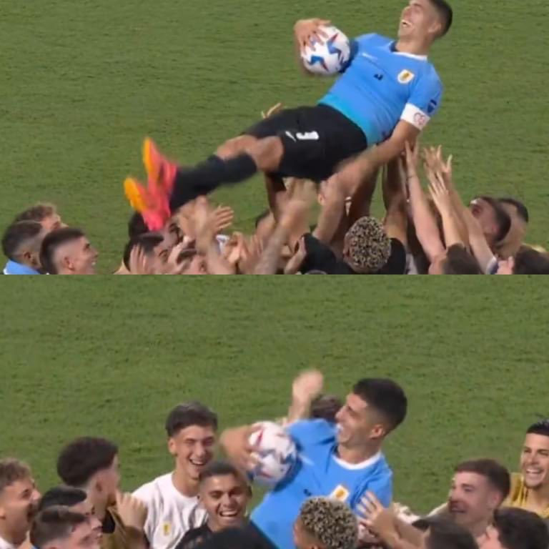 InvictosSomos's tweet image. Siendo el héroe de la noche, portando el gafete de capitán, con el balón entre las manos, recibiendo un homenaje muy especial de parte de todos sus compañeros y con una gran sonrisa. Así terminó el último baile de Don Luis Suárez en una Copa América. HONOR A QUIEN HONOR MERECE.