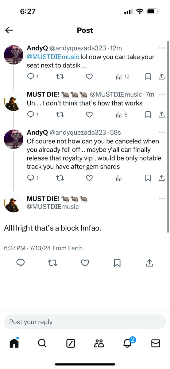andyquezada323's tweet photo. @jeff_hoppmann @MUSTDIEmusic Had to block my post lmao https://t.co/9xC5tqH9J4