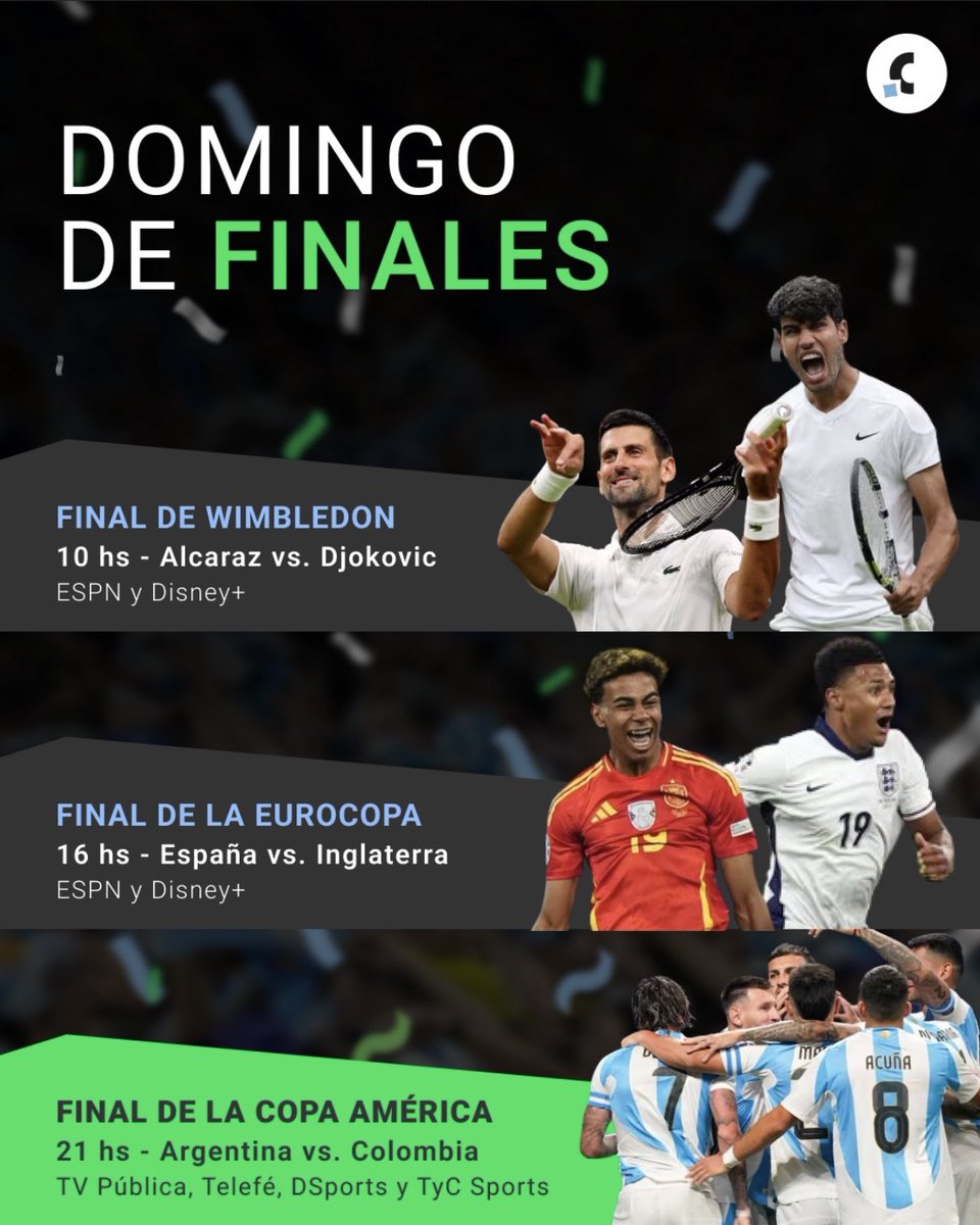🔥 Domingo de finales: se definen Wimbledon, Eurocopa y Copa América. 

📺 TV desde la mañana hasta la medianoche, con definiciones calientes. Alcaraz-Djokovic en #Wimbledon, España-Inglaterra en #EURO2024, y Argentina-Colombia en #CopaAmerica2024 

🗓️ Agenda top