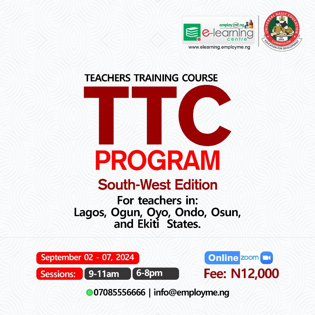 EmployMeNg's tweet photo. I 
The TTC program will hold across: 
-South-South states  
(August 19-24)

-South-East 
(August 26-31)

&amp;

-South-West 
(September 2-7) 

Register via this link: 

https://t.co/46cBZTfgAk

Share/tag a teacher you know https://t.co/9xLQi7kuZ0
