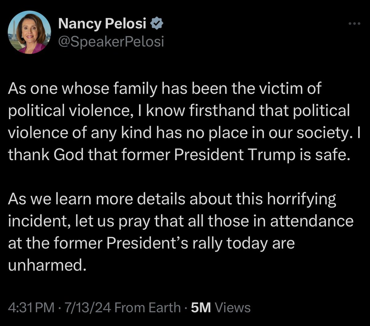 On the left: Donald Trump Jr’s post after Nancy Pelosi’s husband, Paul, was the victim of an assassination attempt.

On the right: Nancy Pelosi’s post after Donald Trump was the victim of an assassination attempt.

Character and decency matter.