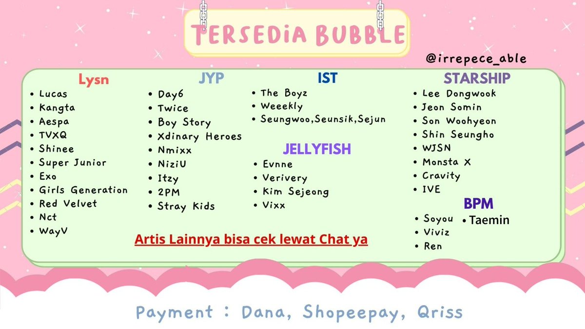 irrepece_able's tweet photo. Ready tiket bubble jyp lysn dll 

You can wa or contact telegram on bio for fast respon 🫶🏻

t wts wtb jual bubble bbl murah lysn jyp ist jellyfish stars rbw wm top media nct wayv exo zb1 rv aespa stray kidz skz itzy twice 
#zonajajan #zonauang #ZonaBA https://t.co/EyHJZJj2eb