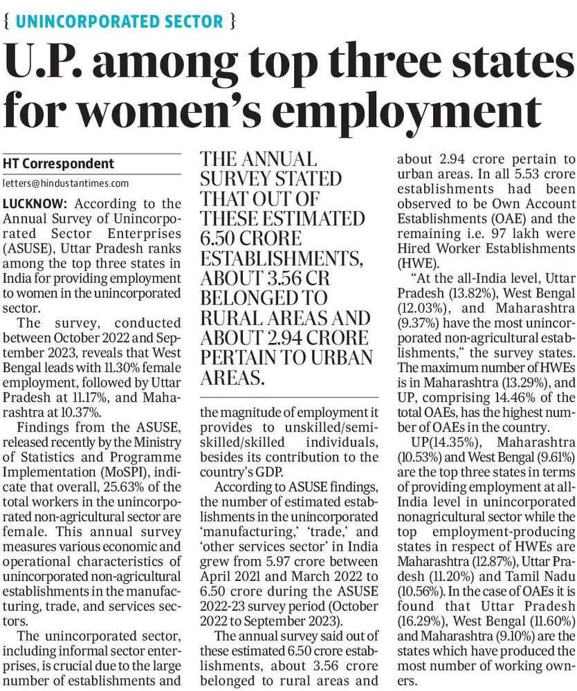 Government of UP (@upgovt) on Twitter photo According to the Annual Survey of Unincorporated Sector Enterprises (ASUSE), Uttar Pradesh, under the leadership of #UPCM Shri <a href="/myogiadityanath/">Yogi Adityanath</a> ji , ranks among the top three states in India for providing employment to women in the unincorporated sector, with 11.17% female According to the Annual Survey of Unincorporated Sector Enterprises (ASUSE), Uttar Pradesh, under the leadership of #UPCM Shri <a href="/myogiadityanath/">Yogi Adityanath</a> ji , ranks among the top three states in India for providing employment to women in the unincorporated sector, with 11.17% female