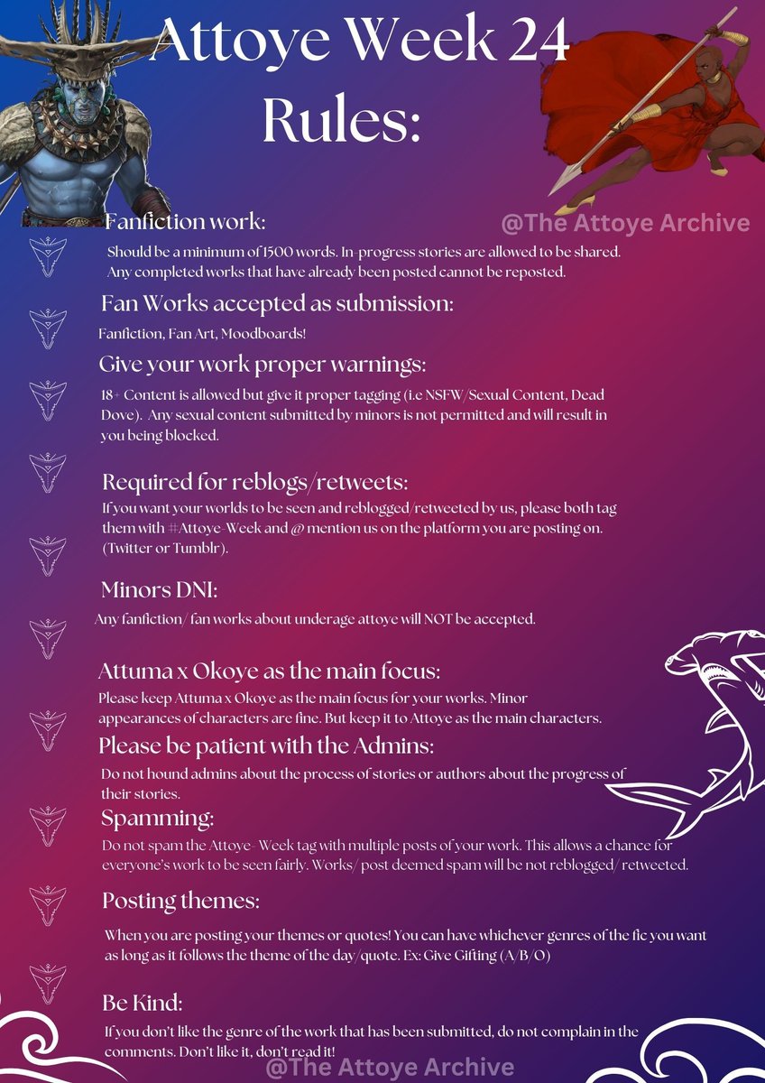 AttoyeWeek's tweet photo. ❤️💙
With Attoye Week 2024 close! Here are the rules for this year! The rules are the same from the previous year, if anyone has any questions please sure to send us a message. 👀👀

Be sure to look out for the Attoye Week 2024 collection on AO3 to submit your fanfic!

#Attoye https://t.co/tjXe4Oi8Tf