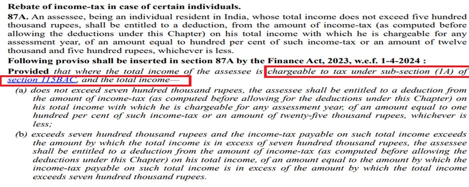 AbhasHalakhandi's tweet photo. 7) The concept which is being thought of by Dept. (and everyone justifying the utility behavior) for not giving 87A rebate against S.111A STCG income and other special rate income is that they say that such income is not chargeable u/s 115BAC(1A) (as the same is chargeable u/s 111A, hence no rebate). 

This interpretation is GROSSLY incorrect as it ask us to separate the Total income into various parts and apply the respective sections. Total Income is inseparable, it might have some parts which may be taxed at special rate and not slab rate but as such Total Income is inseparable and if assessee is not opting out of the default New regime entire Total Income (the inseparable concept) first falls under 115BAC (1A), then some part of it may be taxable at special rate i.e. 111A etc.

Also the clause (a) and (b) of proviso to 87A provides rebate on Total Income itself and not only on that part of Total Income which is taxable with slab rate

Thank you @hirenbhandari_  @CAHimankSingla  for the discussion and help  👍