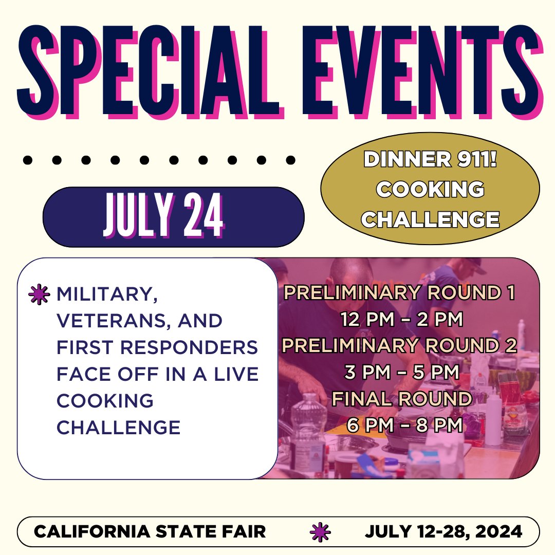 CAStateFair's tweet image. Watch military, veterans, and first responders face off in a live cooking challenge at Save Mart California’s Kitchen at the California State Fair @saveMart! More Info: bit.ly/2024CASF🧑‍🍳 #CAStateFair #CookingChallenge #SaveMart
