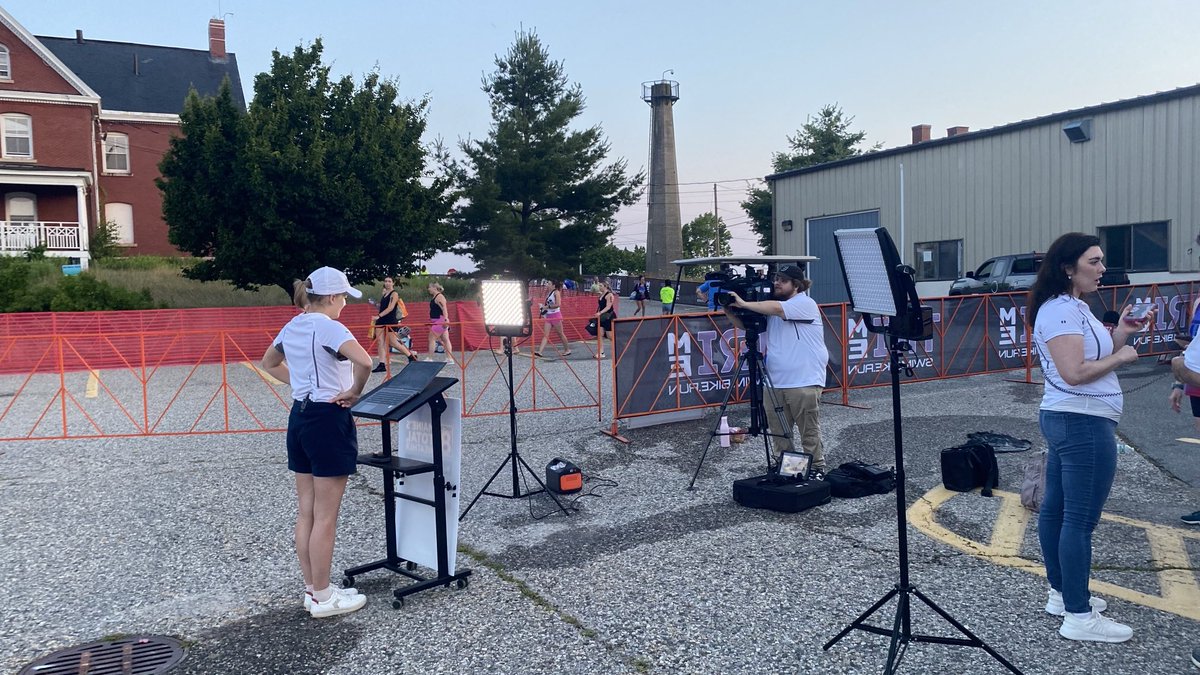 JournAB's tweet photo. #triforacure athletes stream into transition as @WMTWTV @colleenhurleywx gives the live #mainestotalweather live https://t.co/tFTMyq93xe