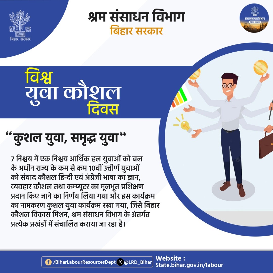 LRMWWDBihar's tweet photo. विश्व युवा कौशल दिवस विशेष
@IPRDBihar
@officecmbihar
@SantoshksBJP
@BiharSDM
#LabourResourcesDept
#Worldskillday
#skillindia #BiharGovernment #Bihar #bsdm #KYP https://t.co/ovEoDoNOIe