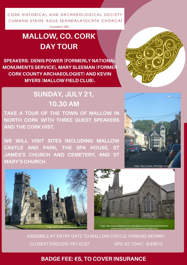This week we will venture to Mallow in north Cork on July 21. We will visit sites including Mallow Castle and park, the Spa House, St James’s Church and cemetery, and St Mary’s Church. 
Join us at 10.30am at the gates to Mallow Castle.