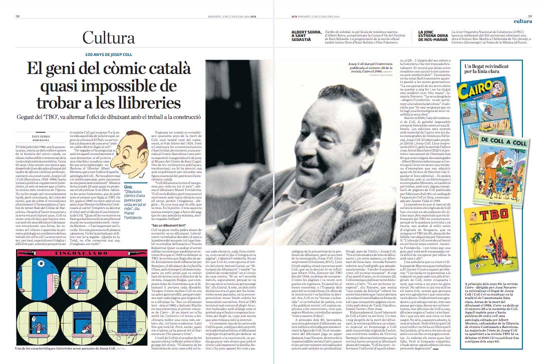 guiadelcomic's tweet photo. Homenaje a Coll abriendo Cultura a doble página ayer en @diariAra, en el merecido homenaje por el 40 aniversario de su muerte: https://t.co/7waNveUHrw
Gracias, Xavi Serra @twilightkid. https://t.co/IBlKn5QK6g