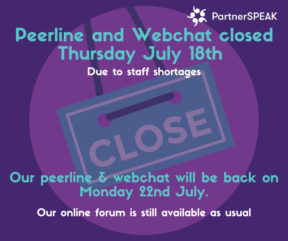 PartnerSPEAK's tweet photo. 🎉 Notice: Peerline and Webchat Closure 🎉

Our Peerline and Webchat services will be closed on July 18th due to staff shortages. We will resume normal operations on Monday, July 22nd. Our online forum will remain available as usual.
Stay connected and take care! https://t.co/naf5MEZx56