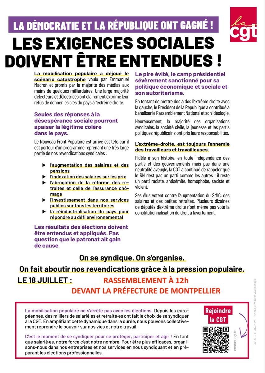 #Rassemblement #Montpellier #18juillet Mobilisons-nous ! Nos exigences sociales doivent être entendues ✊
ulmontpellier.reference-syndicale.fr/2024/07/13/mob…
<a href="/CheminotsCgt/">CGT CHEMINOTS MONTPELLIER</a>
<a href="/CGT34herault/">CGT-UD34</a>
<a href="/CgtChu/">CGT CHU Montpellier</a>
<a href="/CgtMontpellier/">CGT CHU Montpellier</a>
<a href="/CGTUM3/">CGT Universités de Montpellier</a>
<a href="/CGTEduc34/">CGTEduc'Action34</a>
<a href="/SNTRSCGT_INSERM/">SNTRS CGT INSERM</a>
<a href="/CgtTam34/">CGT Tam Montpellier</a>
@CgtEnergie34
<a href="/SFA_CGT/">SFA-CGT</a>
<a href="/CgtFaptOrange/">CGT FAPT Orange</a>
<a href="/UnionCgt/">Union Locale CGT Sète et Bassin de Thau</a>