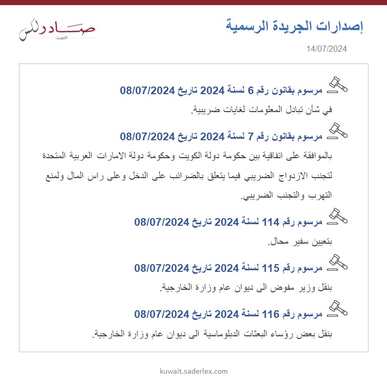 SADERLexKuwait's tweet photo. اصدارات الجريدة الرسمية العدد 1695/2024 تاريخ 14/07/2024 #SADER1863 #SADERLexKuwait #LawsOfKuwait #KuwaitLaws #OfficialGazette1695 #كويت_اليوم #اصدارات #قوانين_الكويت #جريدة_رسمية_1695 https://t.co/4258rabdns