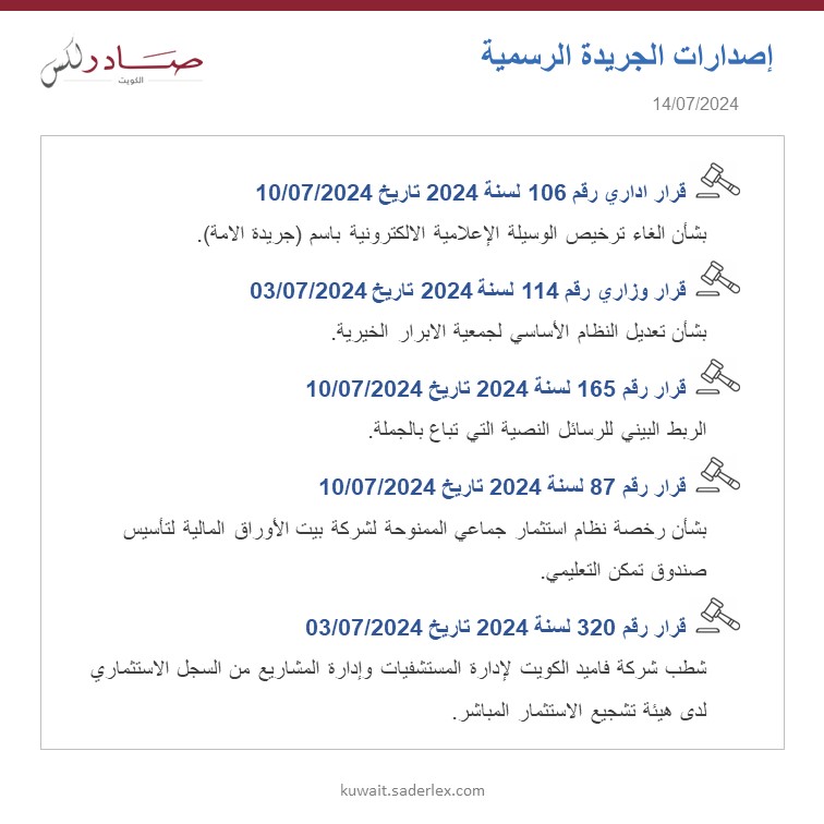 SADERLexKuwait's tweet photo. اصدارات الجريدة الرسمية العدد 1695/2024 تاريخ 14/07/2024 #SADER1863 #SADERLexKuwait #LawsOfKuwait #KuwaitLaws #OfficialGazette1695 #كويت_اليوم #اصدارات #قوانين_الكويت #جريدة_رسمية_1695 https://t.co/4258rabdns