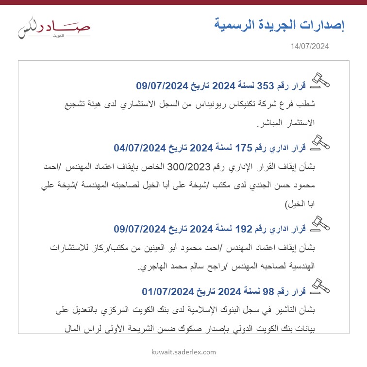 SADERLexKuwait's tweet photo. اصدارات الجريدة الرسمية العدد 1695/2024 تاريخ 14/07/2024 #SADER1863 #SADERLexKuwait #LawsOfKuwait #KuwaitLaws #OfficialGazette1695 #كويت_اليوم #اصدارات #قوانين_الكويت #جريدة_رسمية_1695 https://t.co/4258rabdns