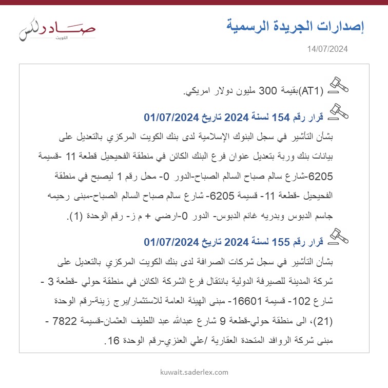 SADERLexKuwait's tweet photo. تابع..
اصدارات الجريدة الرسمية العدد 1695/2024 تاريخ 14/07/2024 #SADER1863 #SADERLexKuwait #LawsOfKuwait #KuwaitLaws #OfficialGazette1695 #كويت_اليوم #اصدارات #قوانين_الكويت #جريدة_رسمية_1695 https://t.co/PTF8GpAmSU