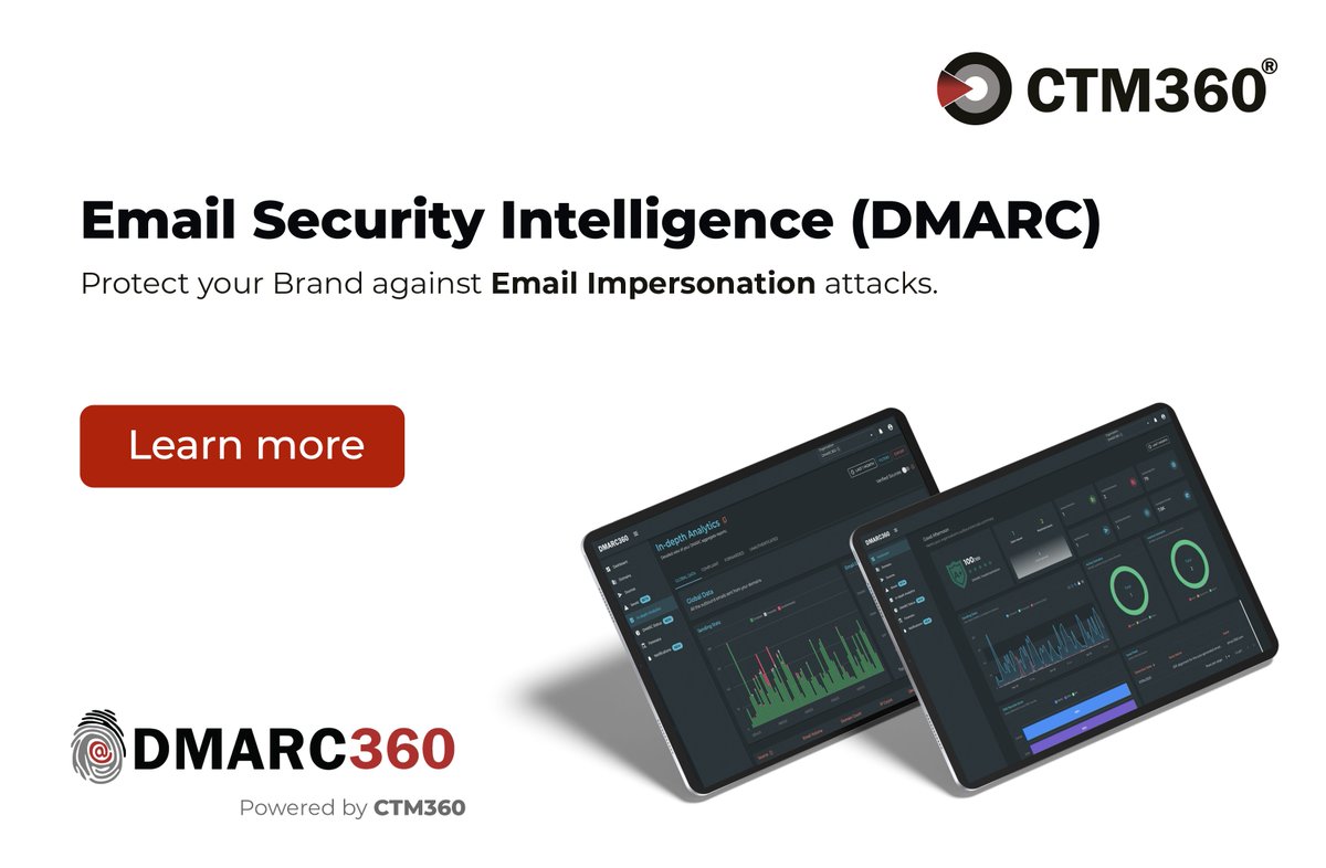 teamCTM360's tweet photo. #DMARC360 is CTM360®'s platform for DMARC data collection, email traffic pattern analysis, and rapid #emailsecurity framework deployment, including incident response through our expert CIRT.
Learn more : https://t.co/zBq7QiRilx
#dmarc #cybersecurityfromBAHRAINtotheWORLD https://t.co/PrGo5Otar8