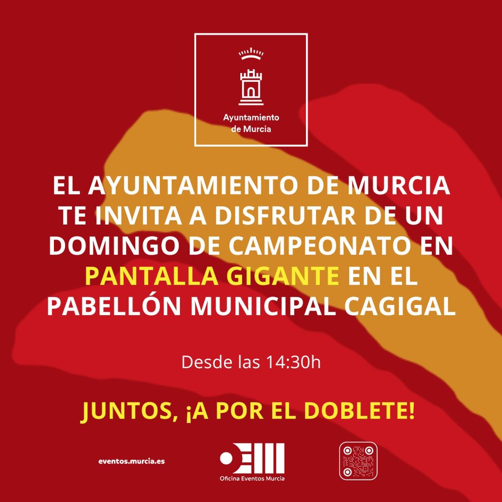 AytoMurcia's tweet photo. ✅  ¡No te pierdas hoy las finales de @carlosalcaraz y la @SEFutbol en la pantalla gigante que instalamos en el pabellón Cagigal!

¡Te esperamos!

⌚️ A partir de las 14:30h. https://t.co/vvT2qUYvhn