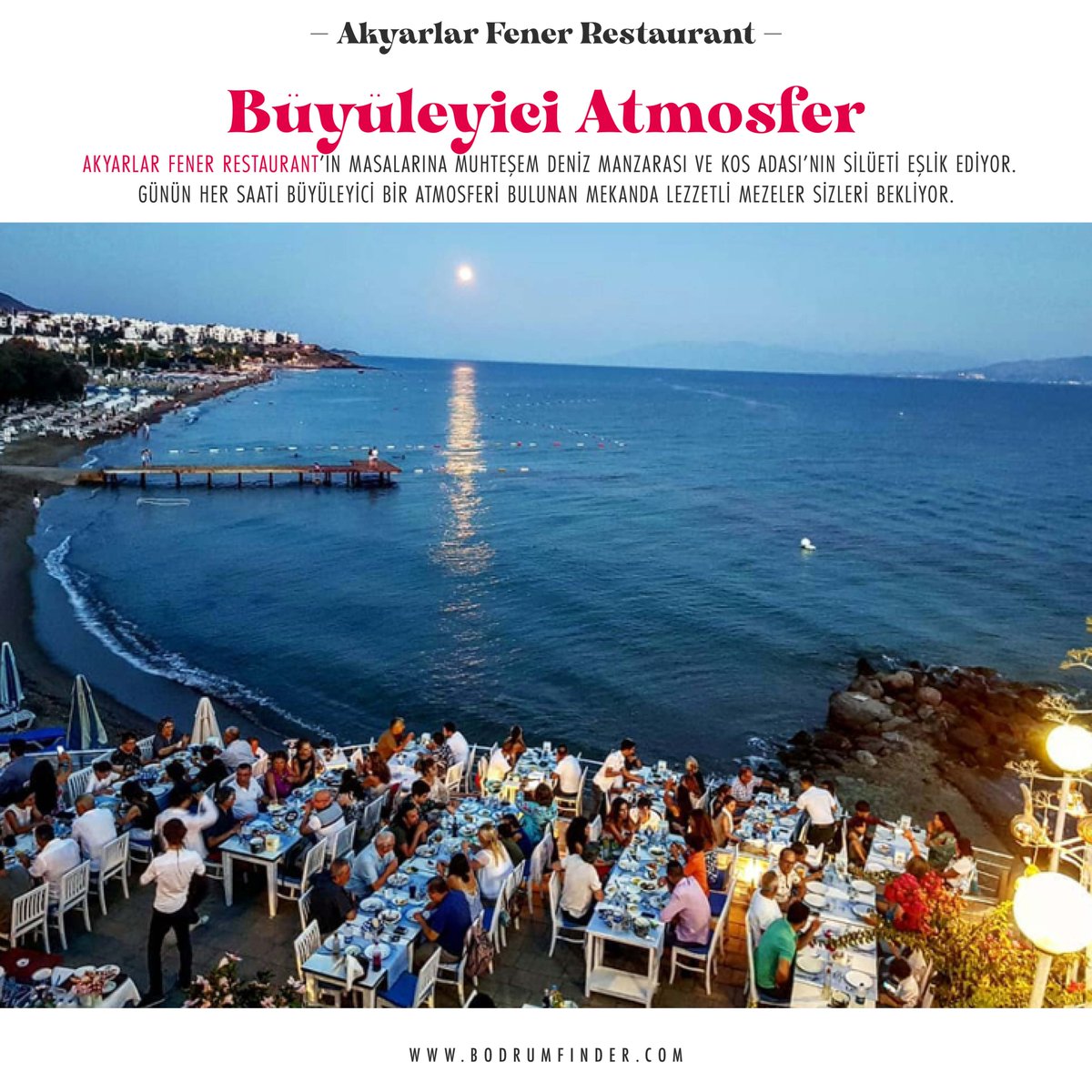 Akyarlar Fener Restaurant sadece manzarası ve denize sıfır konumuyla değil mezelerinin lezzeti ve çalışanların güler yüzlü olmasıyla da seviliyor. Mezelerinin çeşitliliği ve lezzeti bizim burayı sevmemizdeki en büyük sebeplerden.

Rezervasyon: 0252 393 63 93