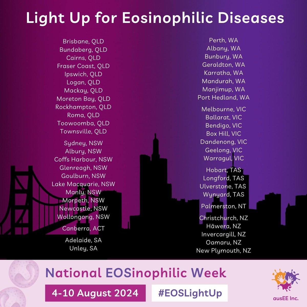 ausEEorg's tweet photo. It’s only 3 weeks until #NEOSW2024! We’ve got over 95 landmarks, buildings and bridges illuminating pink and purple (the colours of eosinophils) during National Eosinophilic Week (4-10 August 2024): https://t.co/dYfDV1Fj3S
#EOSLightUp #EOSaware #Top8Challenge https://t.co/jllsBRmUey