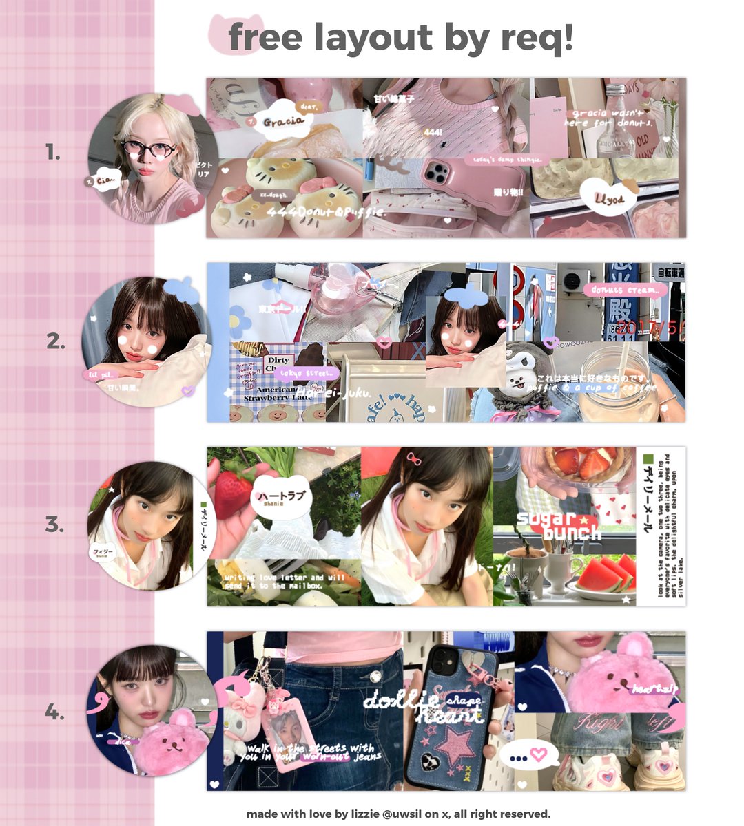uwsil's tweet image. help repost, please? thank you! 💬

hai! hari ini (14/07) ada 4 FREE LAYOUT BY REQUEST dari beberapa katalogku, dalam rangka kak cila’s [@yucnil ] birthday! 🎂💗⭐️

untuk rules GA/giveaway nya boleh cek reply dibawah ya! ♡₊ #zonauang #zonaba